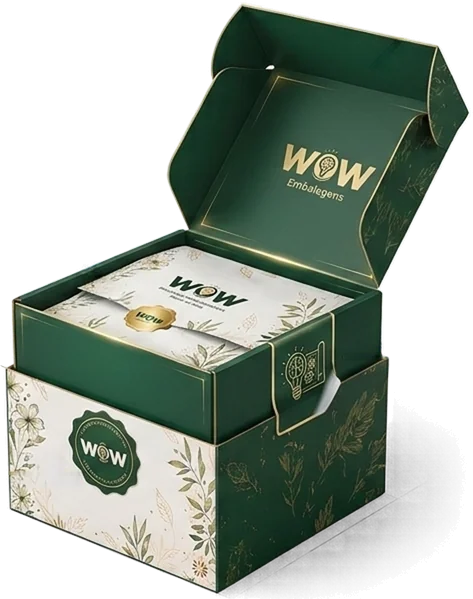 Caixa verde e dourada da WOW com papel seda, lacre e adesivo personalizados